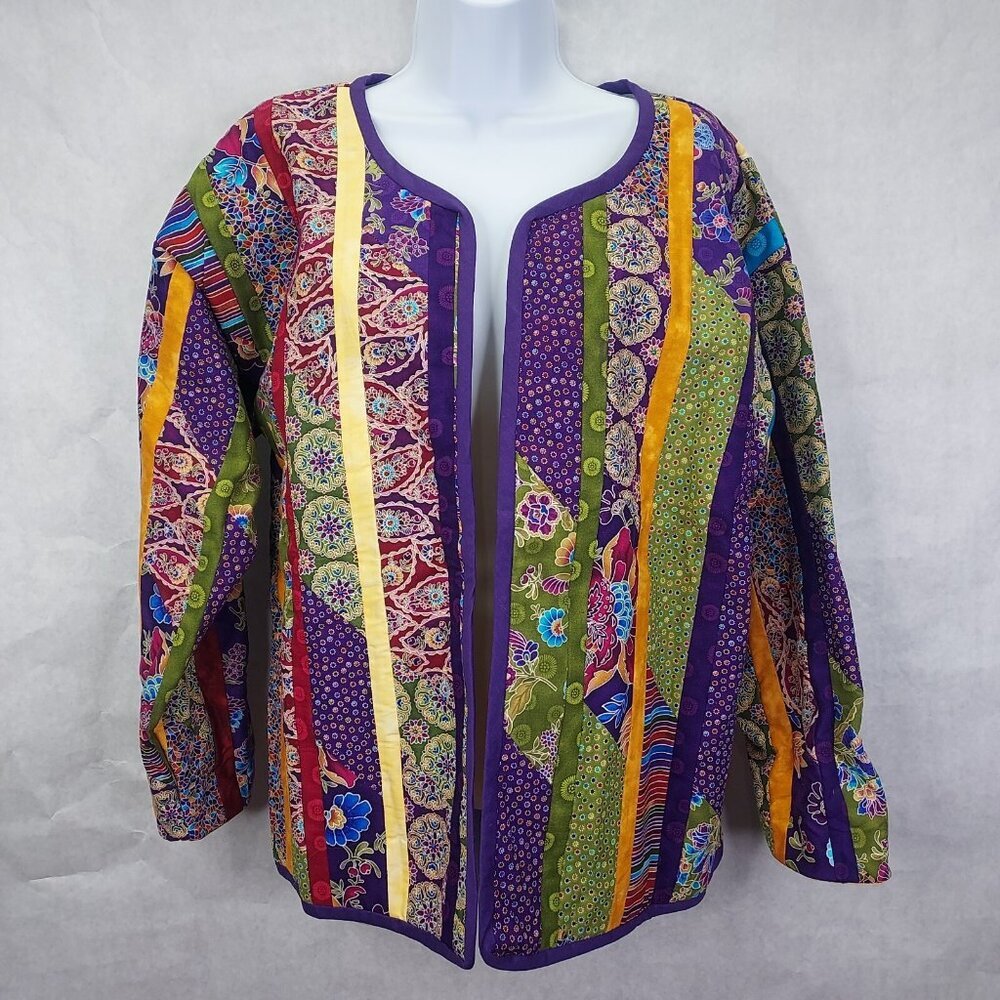 Quilted Cardigan M/L Open Front Coat Long Sleeve Handmade Patchwork Multicolor